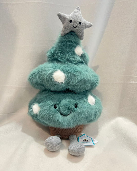 Stacked plush toys resembling a Christmas tree and a star on a white background